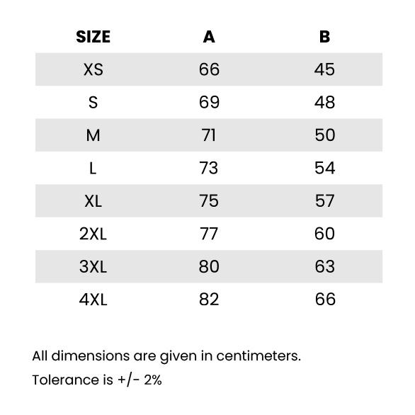 Sizing Chart of custom t-shirts, fully printed with your design and personalized with your name